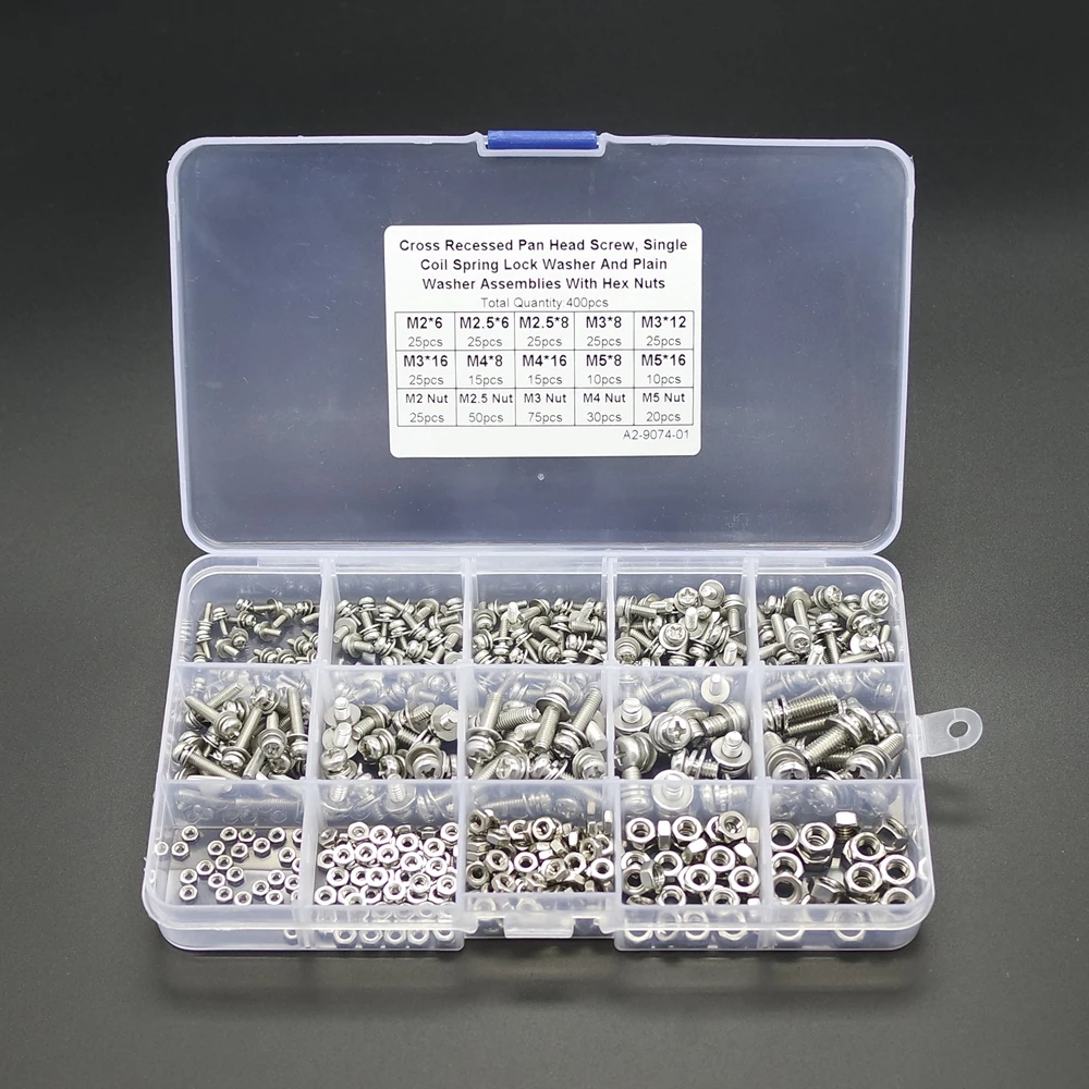 

400pcs M2 M2.5 M3 M4 M5 Phillips Pan Head Screws Nuts w/ Washers