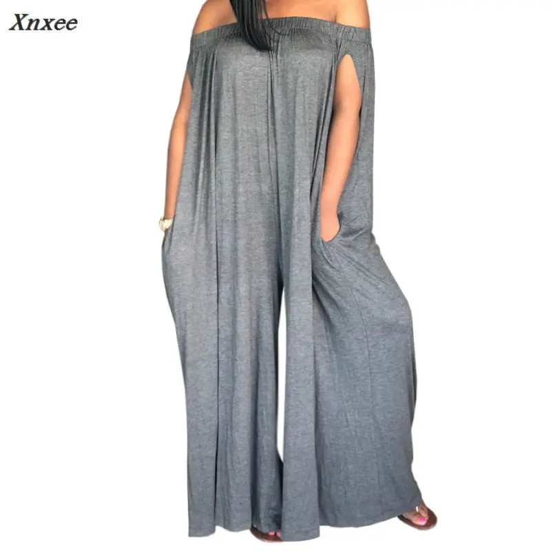 2018 Women Sexy Summer Off The Shoulder Loose Pockets Jumpsuit Playsuit Wide Leg Rompers Long Pants Trousers Xnxee Jumpsuits and Playsuits