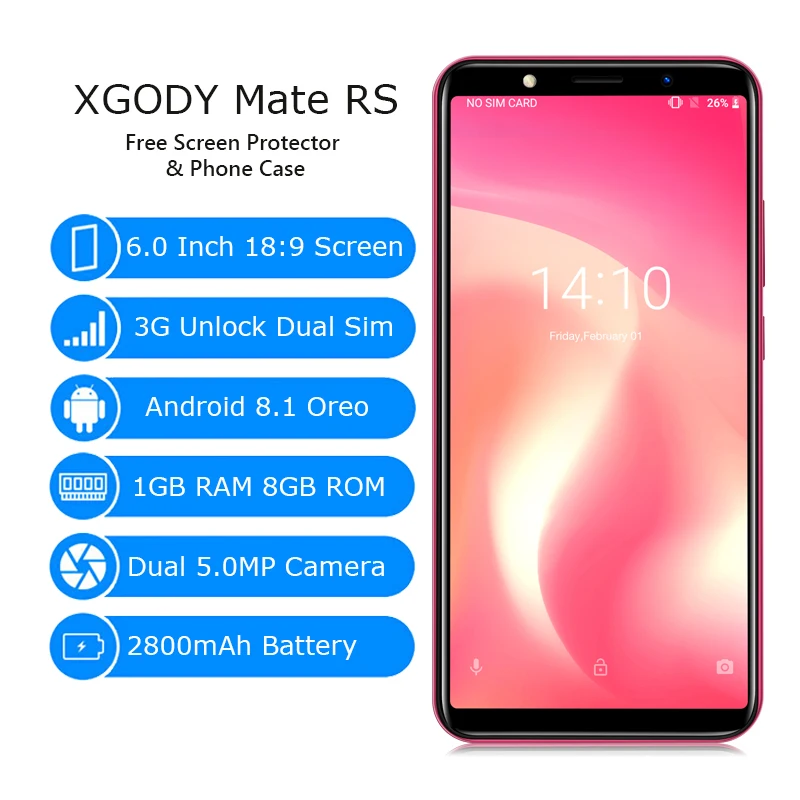 XGODY Mate RS 3G Dual Sim Smartphone Android 8.1 6 Inch 18:9 Full Screen Mobile Phone 1GB RAM 8GB ROM 2800mAh GPS WiFi Cellphone