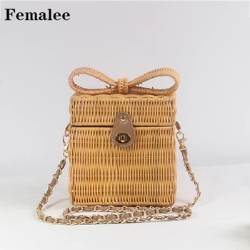 

FEMALEE Bow Tie Shoulder Bags Knitting Hand-woven Straw Beach Bag Pastoral Box Square Rattan Packing Hasp Bag Handmade Vintage