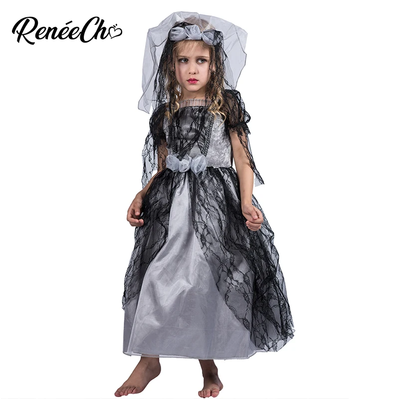 Новое поступление, детские костюмы на Хэллоуин, детское свадебное платье для девочек с изображением призрака, черное кружевное платье принцессы, детский маскарадный костюм ведьмы