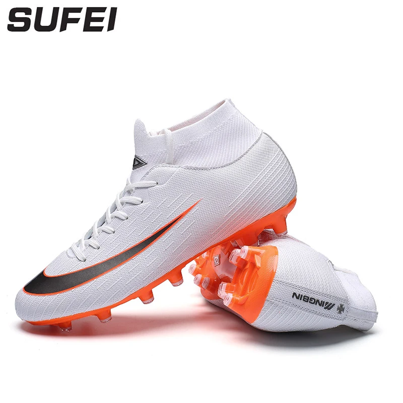 

sufei 2018 Professional Football Boots FG Lace-up Soccer Shoes Men Long Spike Outdoor Adult Training Boots Socks Cleats