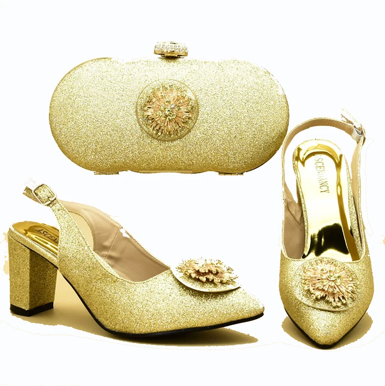 

New arrival italian gold shoes and bag matching set low heel 2.7 inches with size 37 to 42 nice shoes matching bag set SB8332-3