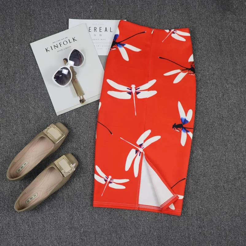 

Summer Style Pencil Skirt Women High Waist Green Skirts Vintage Elegant Bodycon Dragonfly Red Print Midi Skirt
