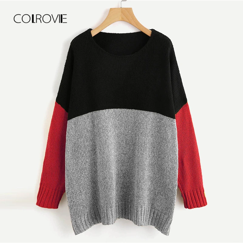 COLROVIE Colorblock Workwear Longline Women Sweater 2018 Autumn Sexy Female Pullovers Jumper Highstreet Casual Lady Sweaters