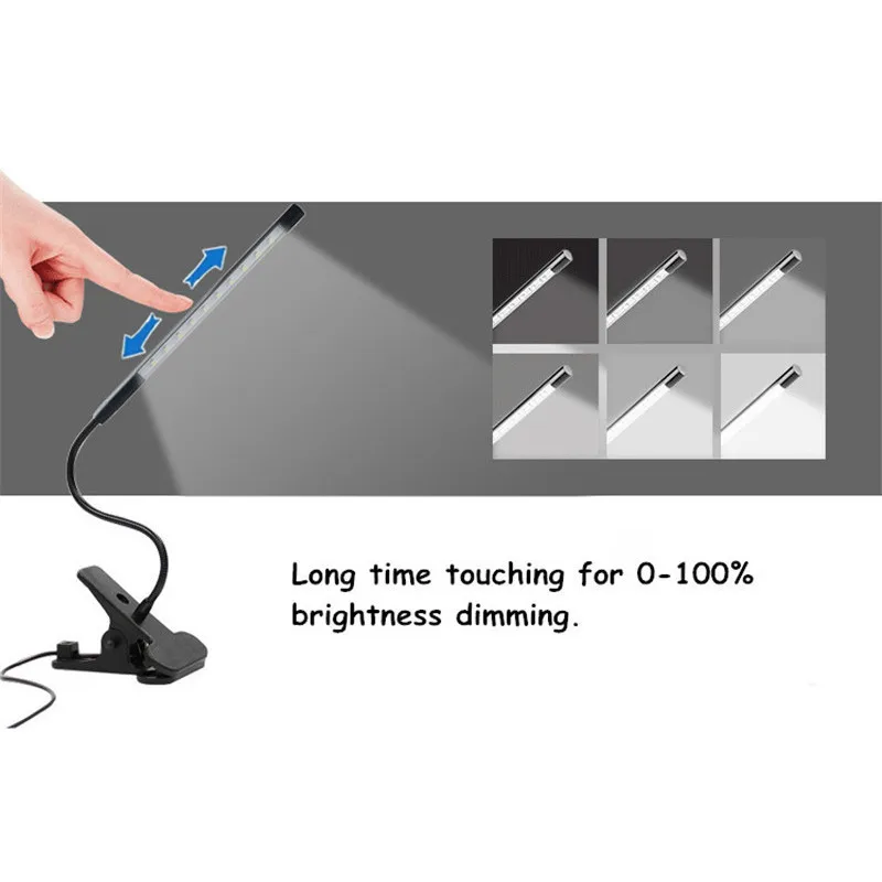

Black Clip On Reading Book Light USB Rechargeable Touch Sensor Dimmable LED Table Lamp Flexible Metal Tube LED Night Light