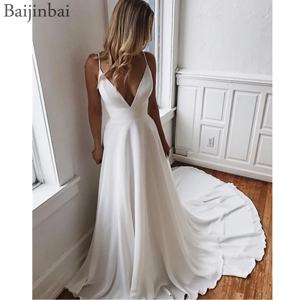 

Baijinbai Simple A-Line Chiffon Wedding Dresses Spaghetti Straps Wedding Bridal Gowns Custom Made Vestido de Novia Long Train