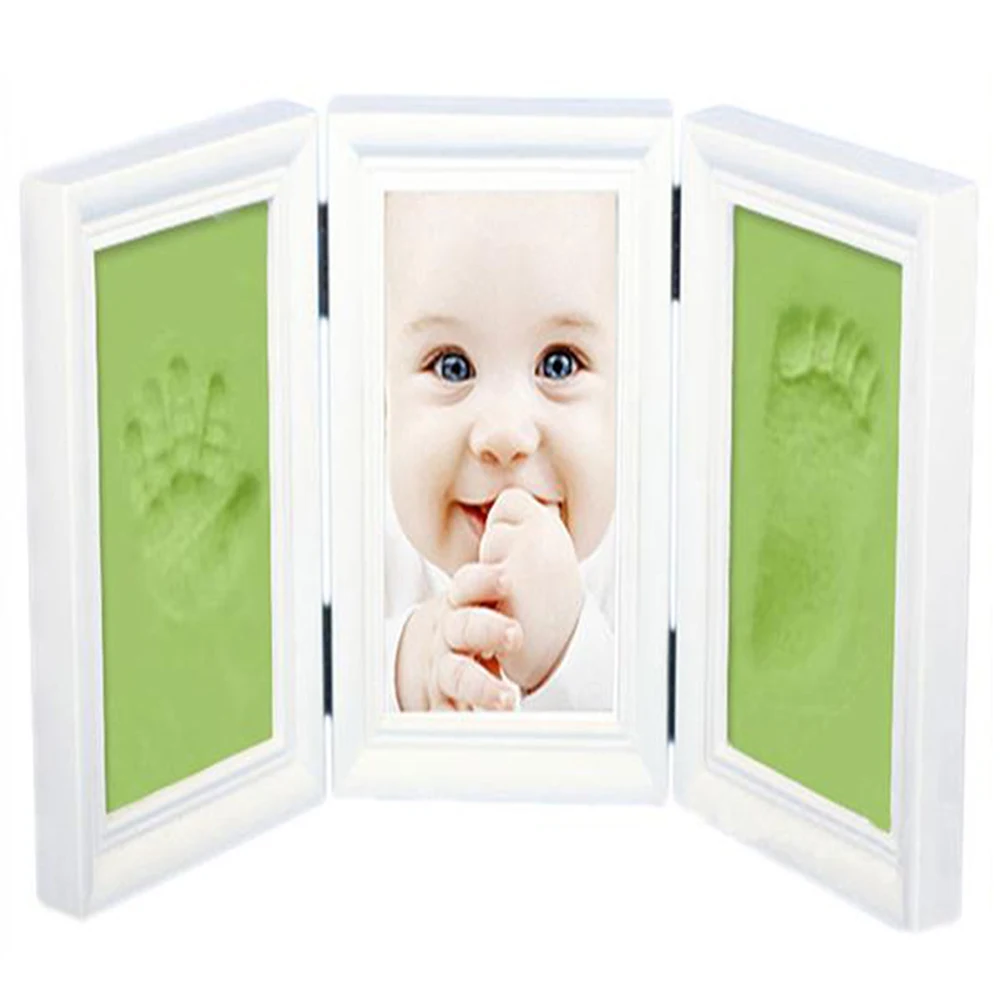 

Baby Handprint and Footprint Shower Gifts for Memories Inkpad Unique Picture Frame Kit(White frame and green mud)