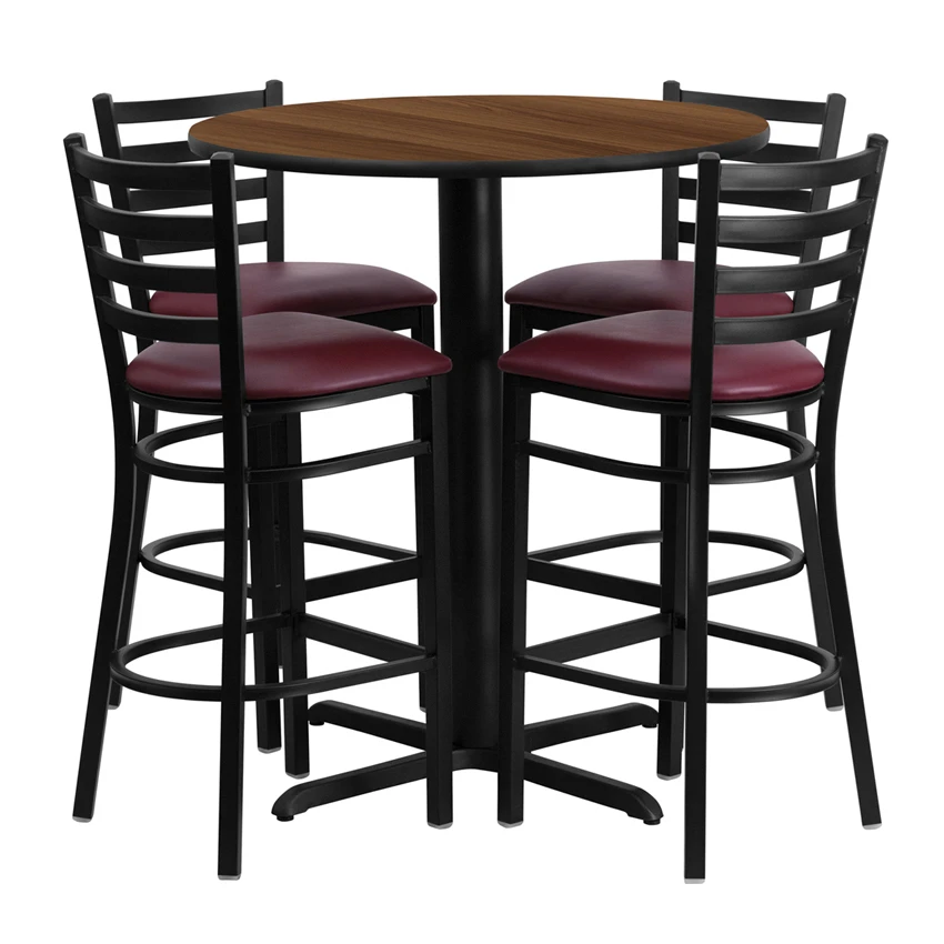 

Flash Furniture 30'' Round Walnut Laminate Table Set with Ladder Back Metal Bar Stool and Burgundy Vinyl Seat