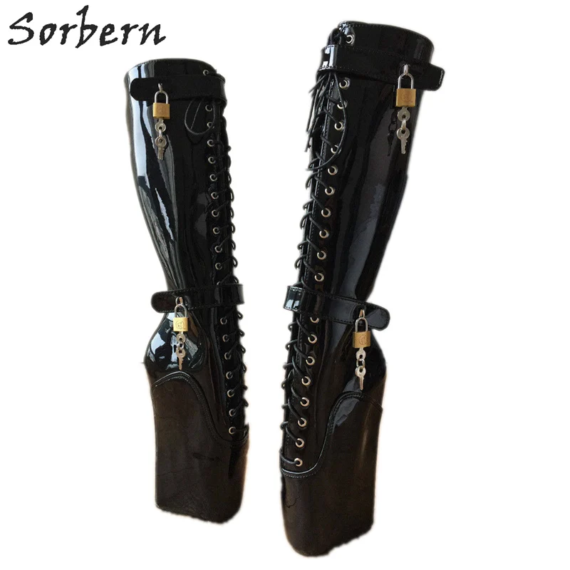 Koop Sorbern Sexy Fetish Hoge Hak Laarzen Voor Vrouwen Hoof Heelless Fetish Pinup Ballet Afsluitbare Wedge Boot Black Patent Schoenen Dames