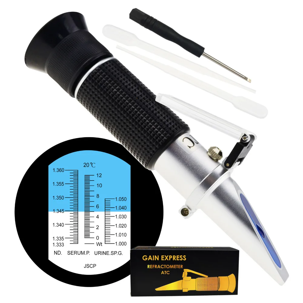 

Handheld Clinical Refractometer w/ ATC, Tri Scale Blood Serum Protein/ Urine Specific Gravity/ Refractive Index for Pet & Human