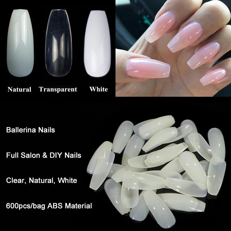 600pcs/lot Ballerina Nail Tips Full Coffin Shape Professional Art Tip Square Style Nature False | Красота и здоровье