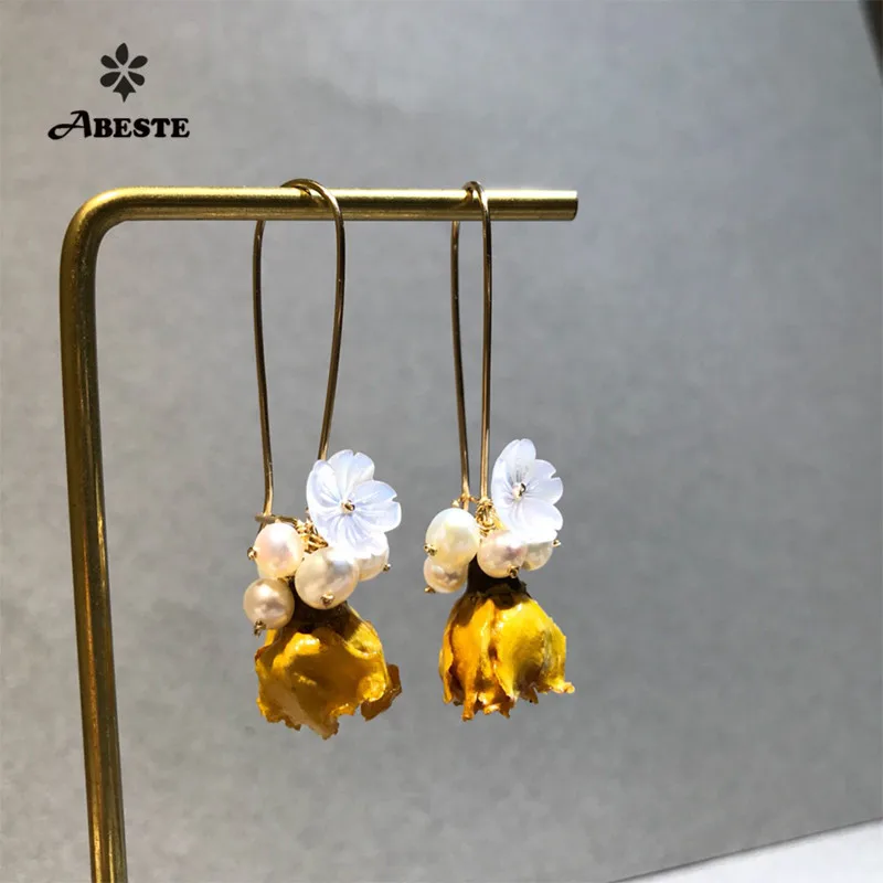 

ANI 14K Roll Gold Handmade Women Drop Earring Natural Freshwater Pearl Gold Earring Dangle Yellow Rose Shape Pearl shell Enamel