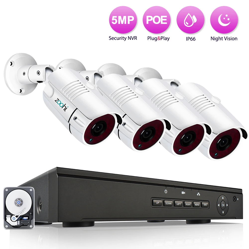 

Zoohi 1920P 4CH Security Camera System POE H.265 NVR 5MP Security Camera kit Night Vision HD Outdoor Video Surveillance System