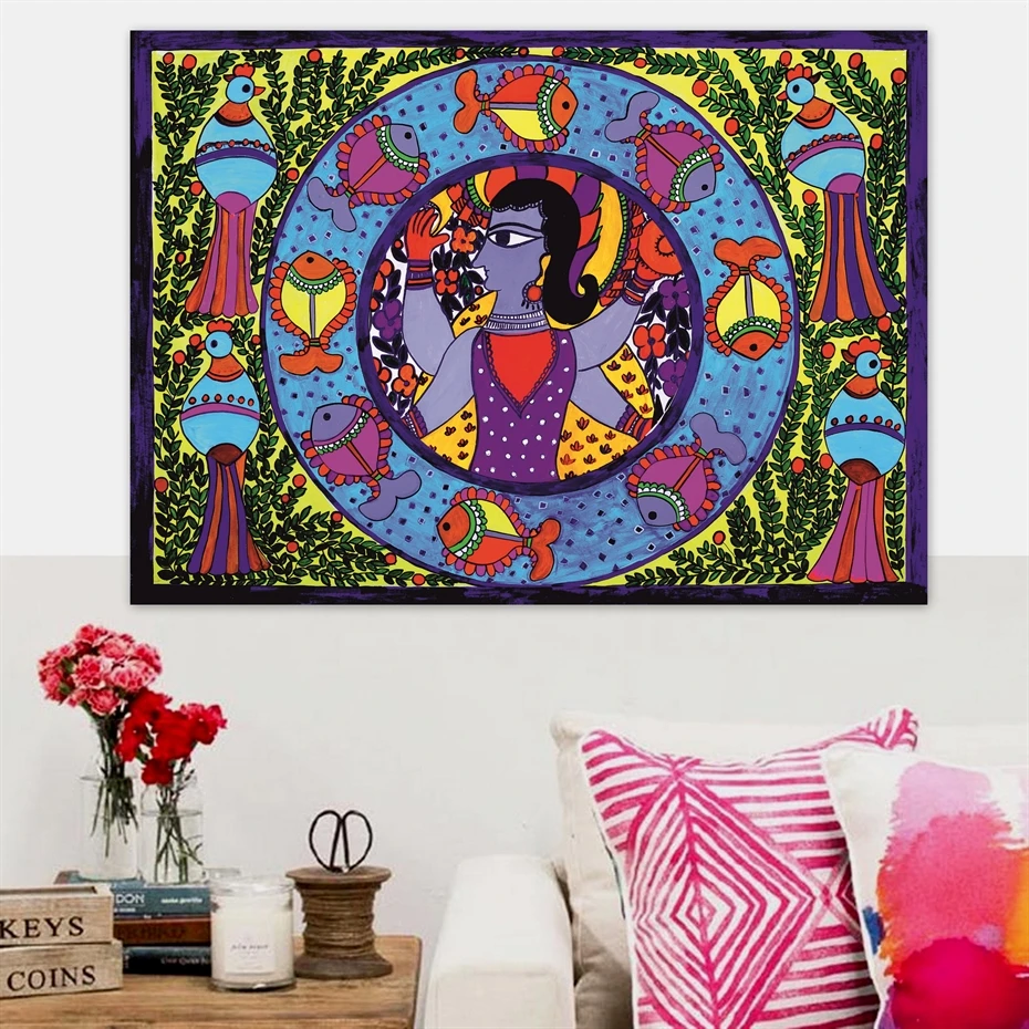 Кришна с индийским Богом ручная работа Madhubani Mithila холст картина печатный плакат