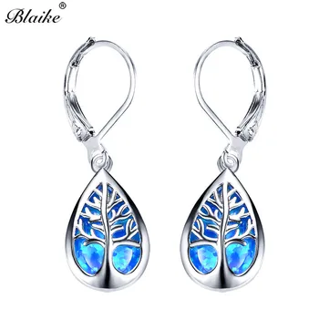 

Blaike Luxury 925 Sterling Silver Jewelry Exquisite Water Drop Blue/White Fire Opal Life Tree Dangle Earrings For Women