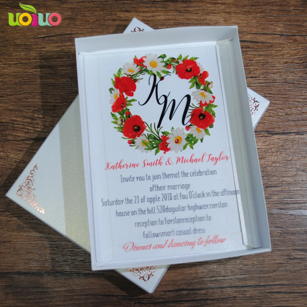 Новые золотые слова Печать Свадебные акриловые пригласительные карты различные цветы дизайн свадебные карты коробка