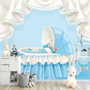 

Else Blue White Baby Boy Cradle 3d Print Cartoon Cleanable Fabric Mural Kids Children Room Background Wallpaper