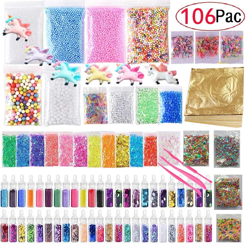 

106 PCS Unicorn Slime Kit Unicorn For Slime Making DIY Handmade Color Foam Ball Granules Slime Making Material Set
