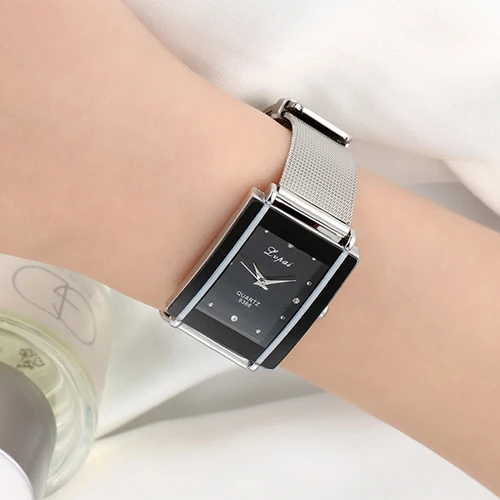 Men Women Fashion Rectangle Dial Stainless Steel Net Strap Quartz Wrist Watch 