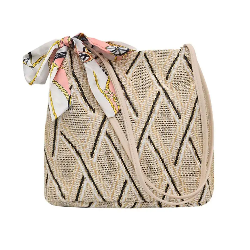 

Fashion Silk Decor Shoulder Crossbody bag Handbags Straw Woven Women Top-handle Bags Casual Summer Beach Shopping Totes