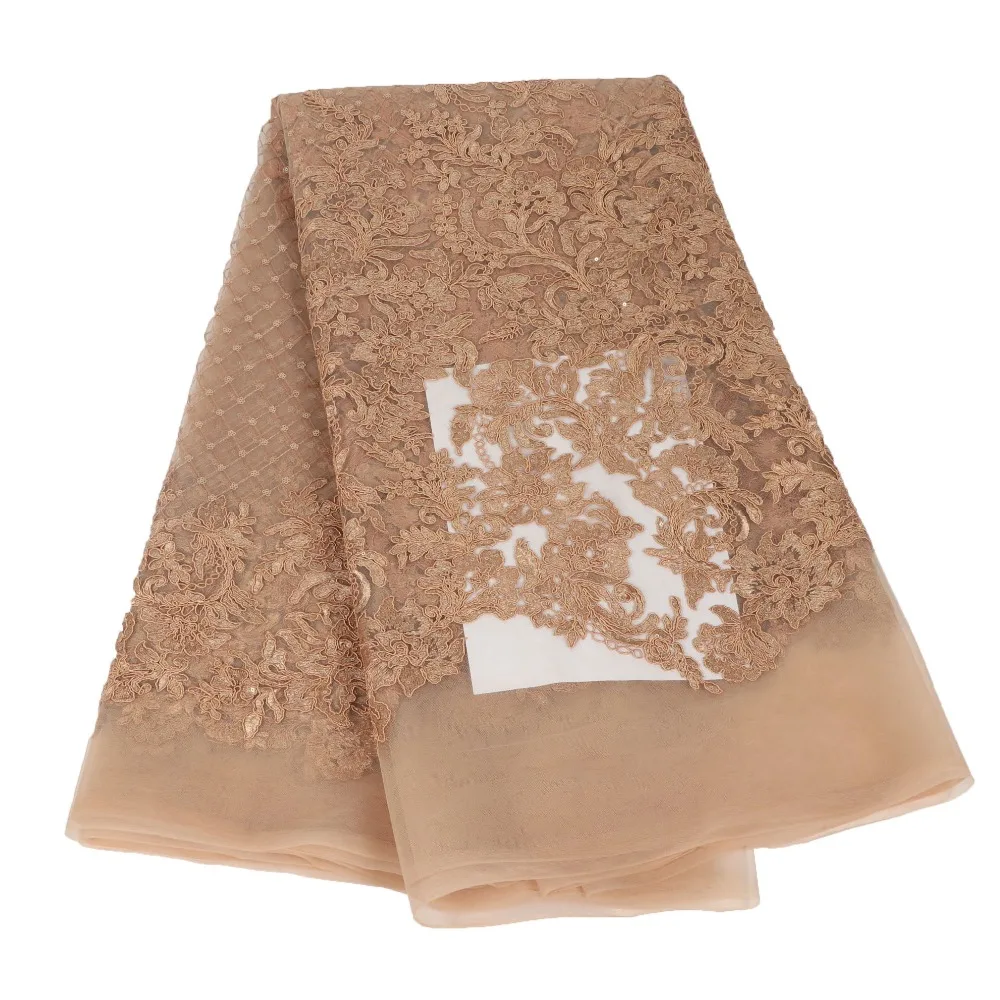 

HFX African Lace Fabric 2019 Peach Embroidered Nigerian Laces Fabric High Quality French Tulle Lace Fabric With Sequins XX04-1