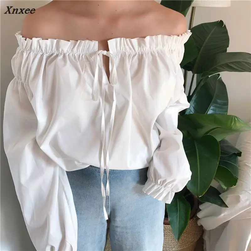 

Xnxee Sexy Slash neck Women Blouse 2018 Spring New Fashion Ruffles Flare Sleeve Shirts Solid Elegant Female Blusas 66842