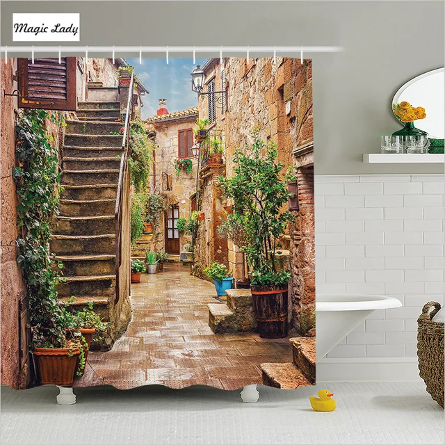 Fabric Shower Curtain Vintage Bathroom Accessories Tuscan Fabric Shower Curtain Vintage Bathroom Accessories Tuscan Mediterranean Street Houses Italian Beige 180 200 Cm