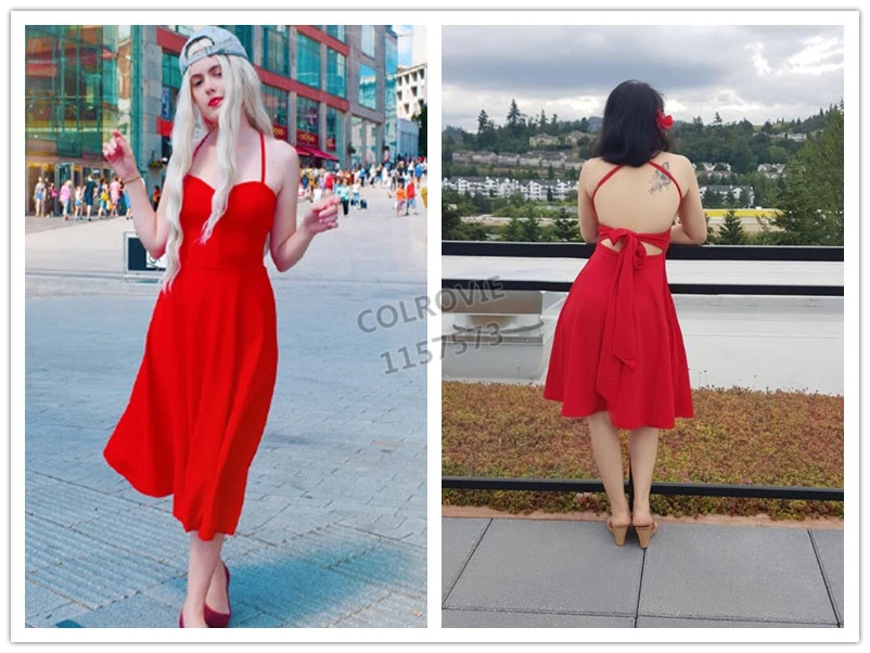 red Spaghetti Strap Backless A Line Dress 