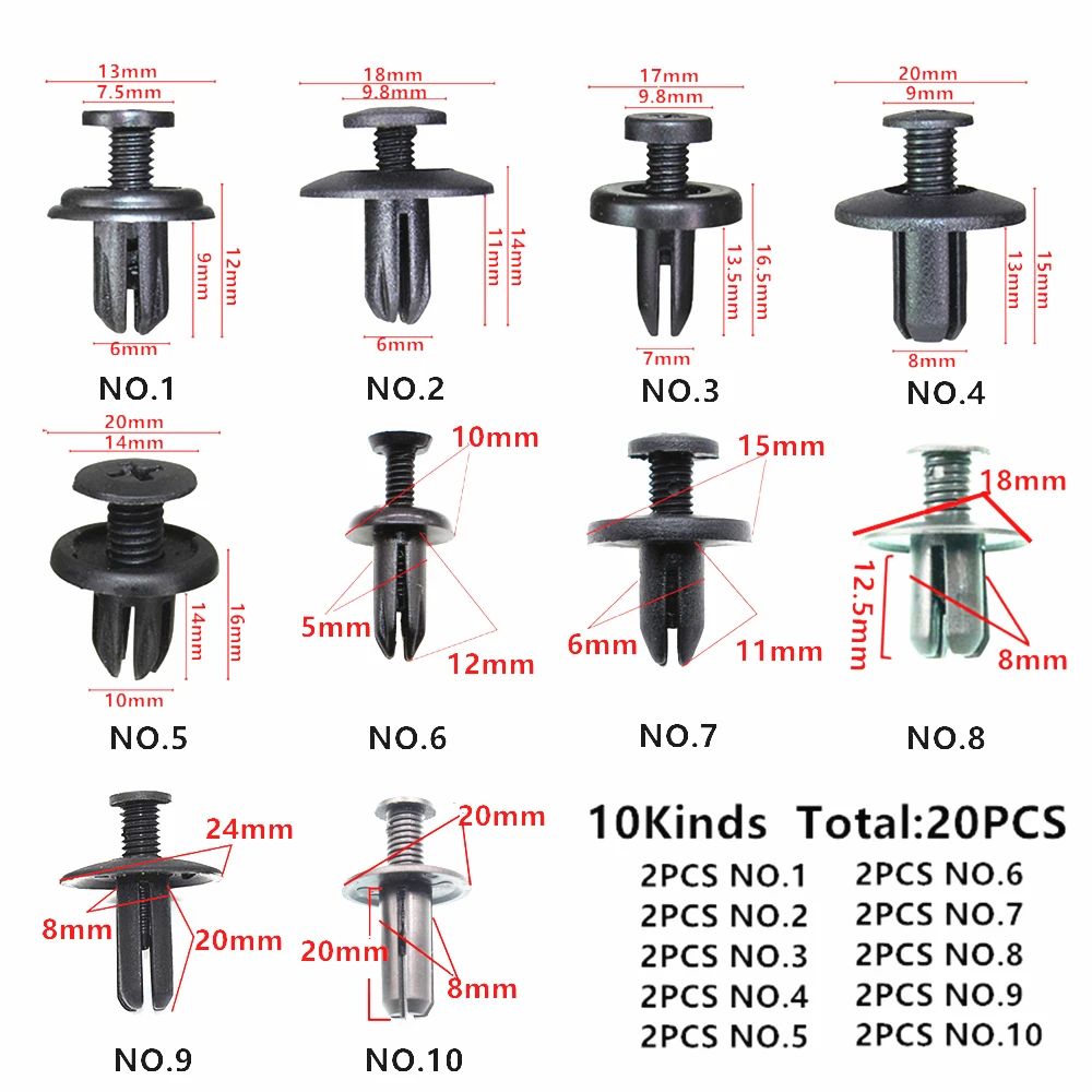 20 шт. смешанные универсальные 5 мм 6 мм 7 мм 8 мм 9 мм 10 мм отверстия пластиковые крепежные зажимы для всех автомобилей винтовые заклепки