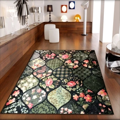 Зеленый, черный, розовый, розы, цветы, пэчворк, 3d принт, нескользящая микрофибра, гостиная, декоративный современный моющийся коврик, коврик