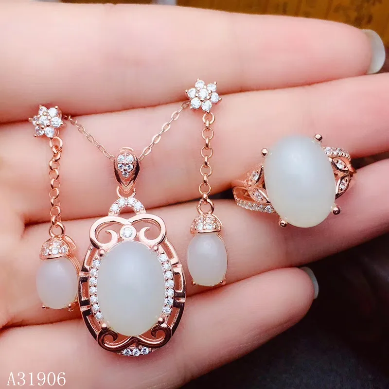 

KJJEAXCMY Fine Jewelry 925 sterling silver inlaid natural Hetian jade gemstone female necklace pendant ring earrings set support