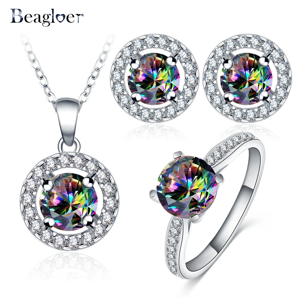 

Beagloer Round Multicolor Rainbow AAA Cubic Zirconia Silver Color Jewelry Sets For Women Drop Pendant Sets Party Gift V15600048