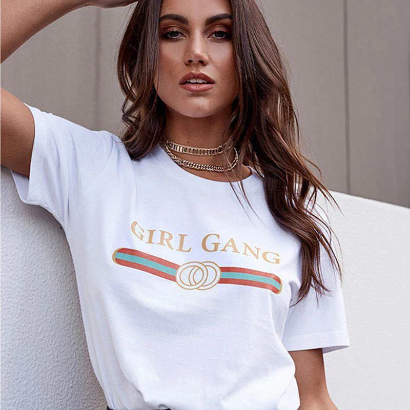 

GIRL GANG Letter Print Tshirt 2019 Casual White T-shirt Female Tops harajuku Women T shirt Short SLeeve O-neck Tee Shirt Femme