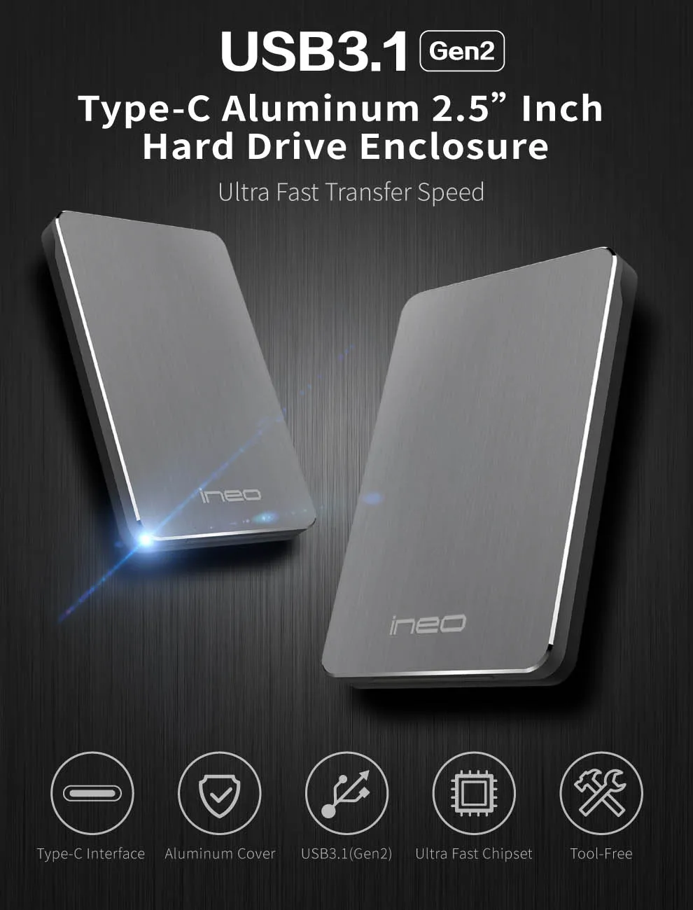 Ineo HDD чехол алюминиевый без инструментов Внешний USB C 3,1 Gen 2 type-C to SATA 2," жесткий диск SSD корпус Caddy [C2513]