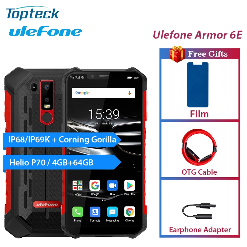 Ulefone Armor 6E IP68 водонепроницаемый прочный телефон 6,2 дюймов 4 GB+ 64 GB 16MP Android 9,0 Octa Core с беспроводной зарядки NFC смартфон