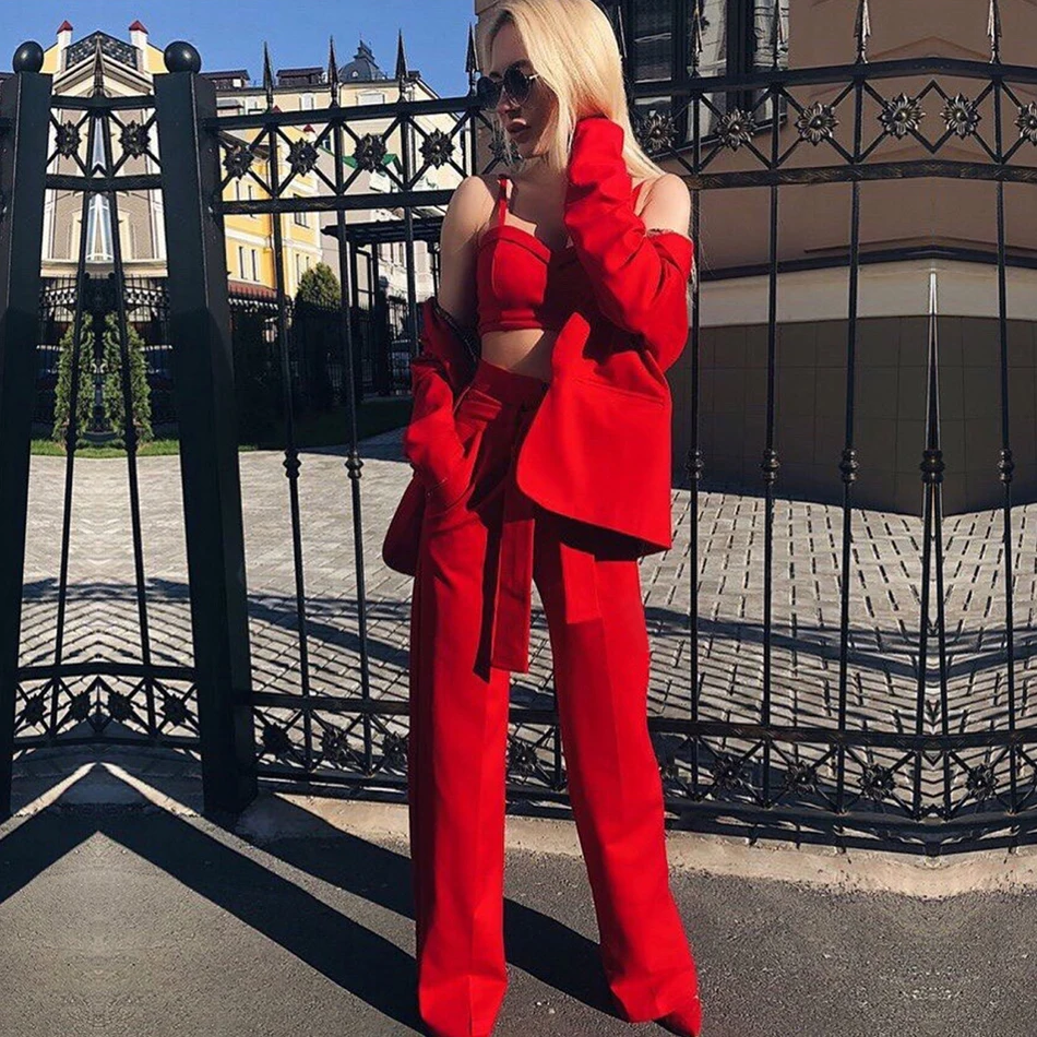 

Adyce 2019 New Winter Woman Set Red Long Sleeve Coat&Pants 3 Three Pieces Set Top&Coat&Pants Celebrity Evening Party Women Sets