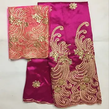 

Purple Fuchsia Design George Lace Set Latest Raw Silk Embroidery African George Lace With Blouse Set Bright Sequins 30