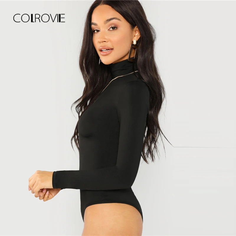 COLROVIE الأسود الصلبة عالية الرقبة فتاة مثير ارتداءها النساء الخريف طويلة الأكمام الإناث ضئيلة نحيل الأساسية النساء داخلية