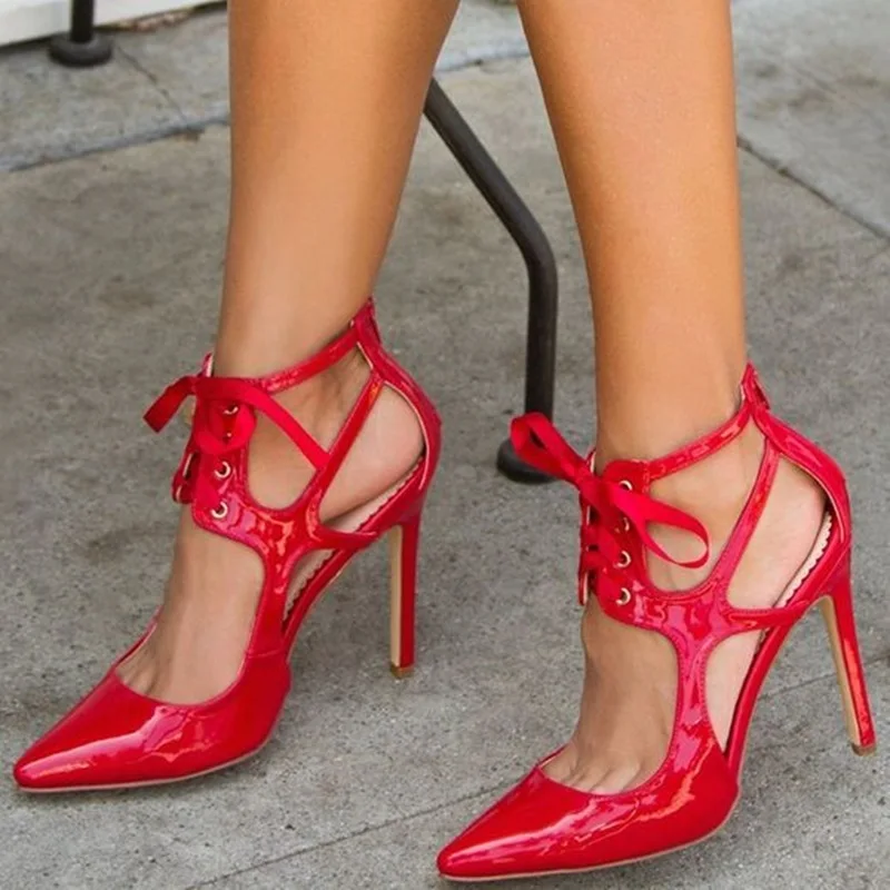 

Women Red Pumps Shoes Stylish PU Lace-Up Stiletto Heels Women Wedding Shoes Pointed Toe This Heels Shoes Plus Size 46