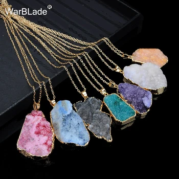 

WarBLade New Natural Stone Quartz Pendant Necklace Colorful Irregular Drusy Gold Color Stone Necklaces for Women Jewelry Gift
