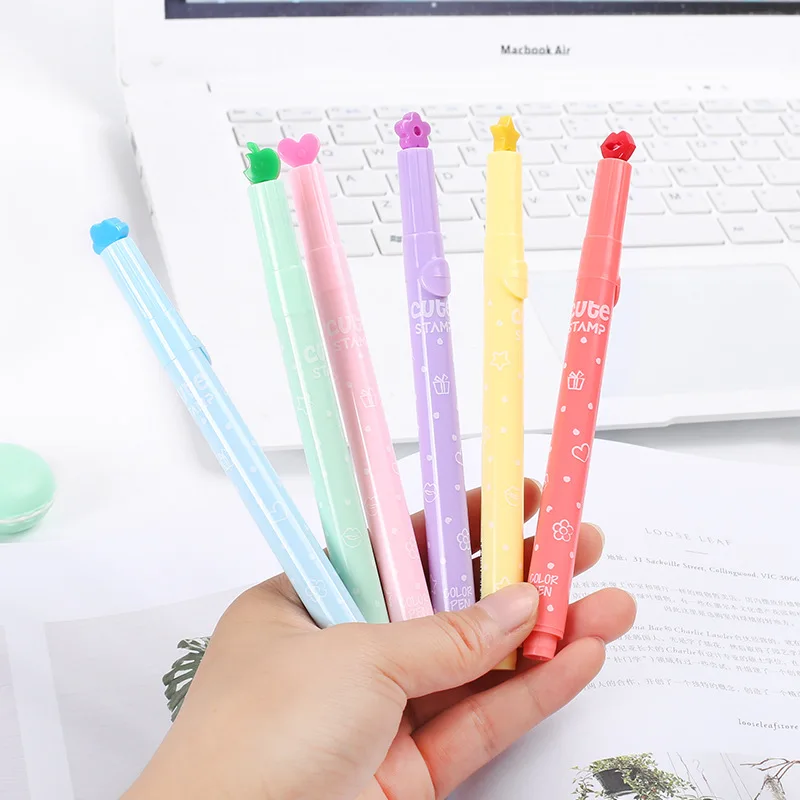 

Cute Candy Color Highlighters Markers Kawaii Multifunction Watercolor Pens With Stamp For Kids Korean Stationery School Supplies