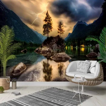 

Else Night Storm Mountain Lake Floral 3d Photo Cleanable Fabric Mural Home Decor living Room Bedroom Background Wallpaper