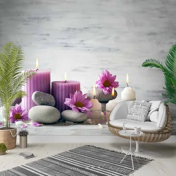 

Else Purple Candles Flowers Gray Spa Stones 3d Photo Cleanable Fabric Mural Home Decor living Room Bedroom Background Wallpaper