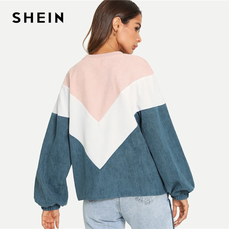 SHEIN Multicolor Cut and Sew Chevron Sweatshirt Preppy Round Neck Bishop Sleeve Pullovers Women Aut