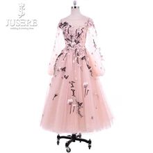 Vintage Tea Length Reception Dress Flowers Embroidery Long Sleeve Evening Dresses