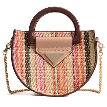 

Women Semi Circle Bohemian Straw Handbag Chain Woven Female Shoulder Bag Lady Chain Rattan Summer Beach Crossbody Tote SS3217
