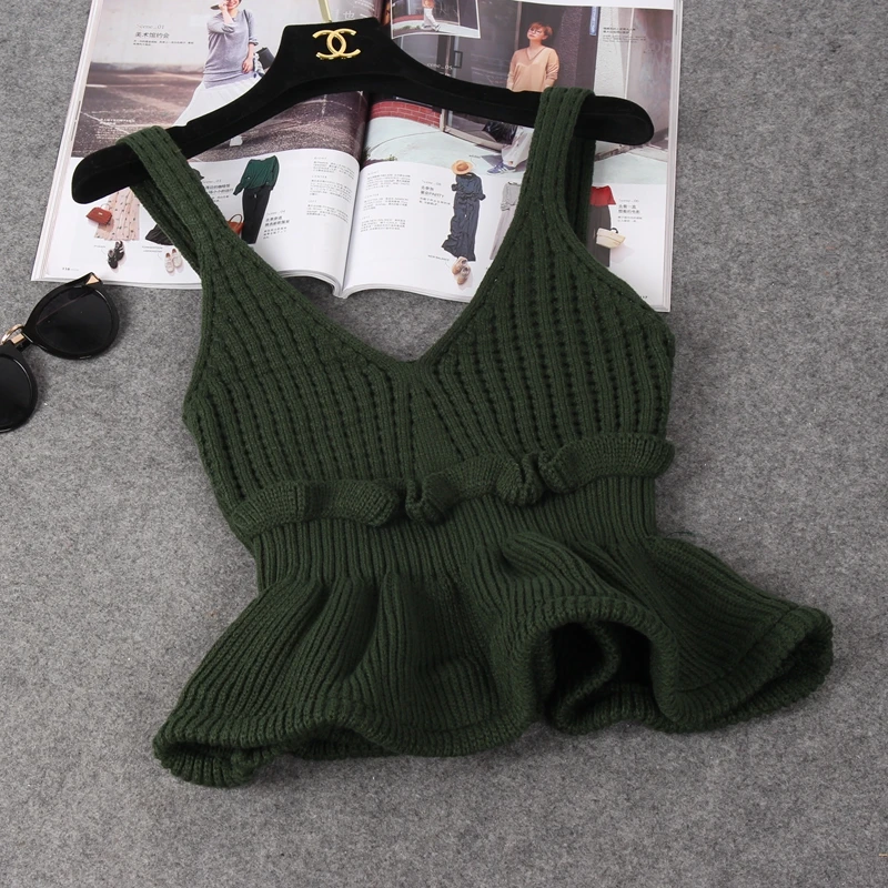 Весенние женские сексуальные вязанные однотонные свитера, жилет на бретельках с оборками, Короткий стильный свитер, летняя женская тонкая блуза без рукавов