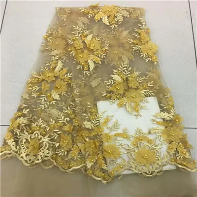 Золотые африканские 3D Цветы кружевная ткань с бисером ручной работы последние бисером тюль кружевная ткань для свадебного платья A2846 - Цвет: as picture