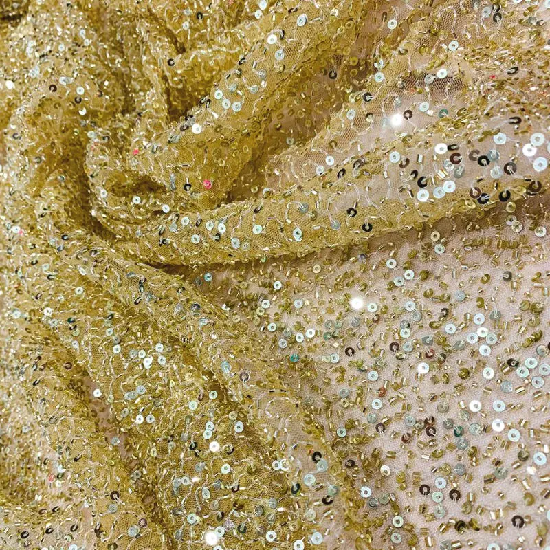 Золотые блестящие бусины и Блестки Ткань для свадебных и вечерних платьев, цена за метр, эксклюзивный ручной работы высокое качество кружева